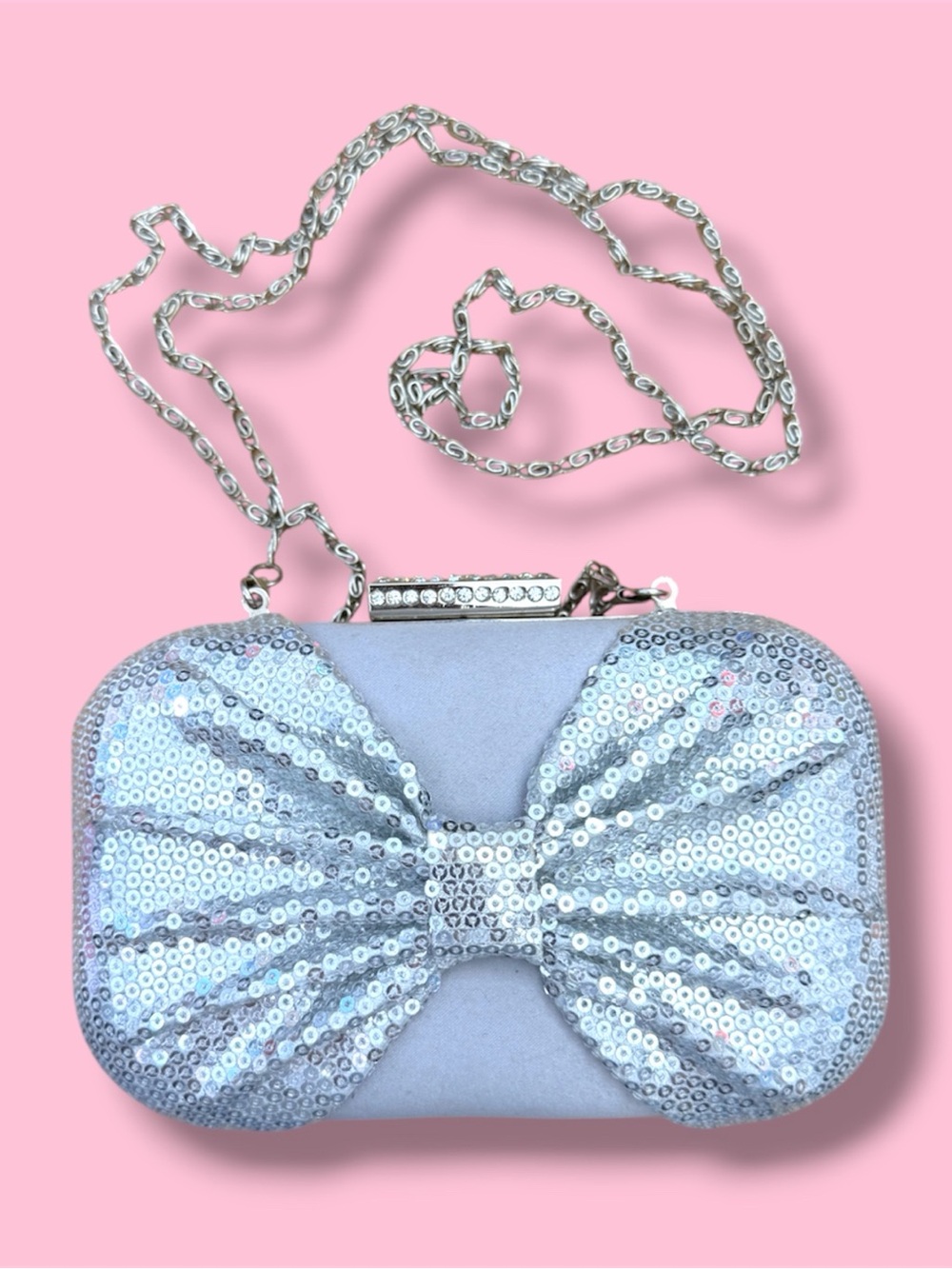 Silver Sequin Bow Evening Clutch with Chain